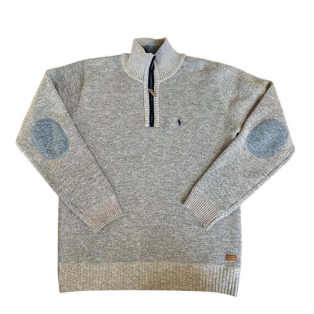 Men's POLO by Ralph Lauren Fleece Lined Sweater, 2X, Tan, 1/3 Zip, Elbow Patch